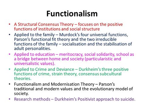 <b>Functionalism</b> is a <b>sociological</b> consensus <b>theory</b> that places importance on our shared norms and values. . Functionalism sociology theory
